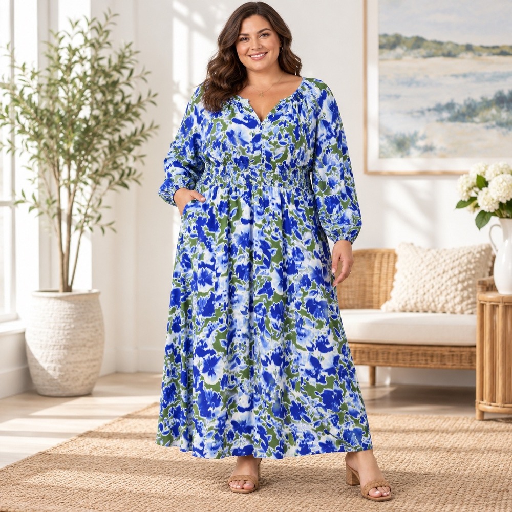 Lane Bryant Blue Olive Green Floral Smocked Maxi Dress Size 22 1143998